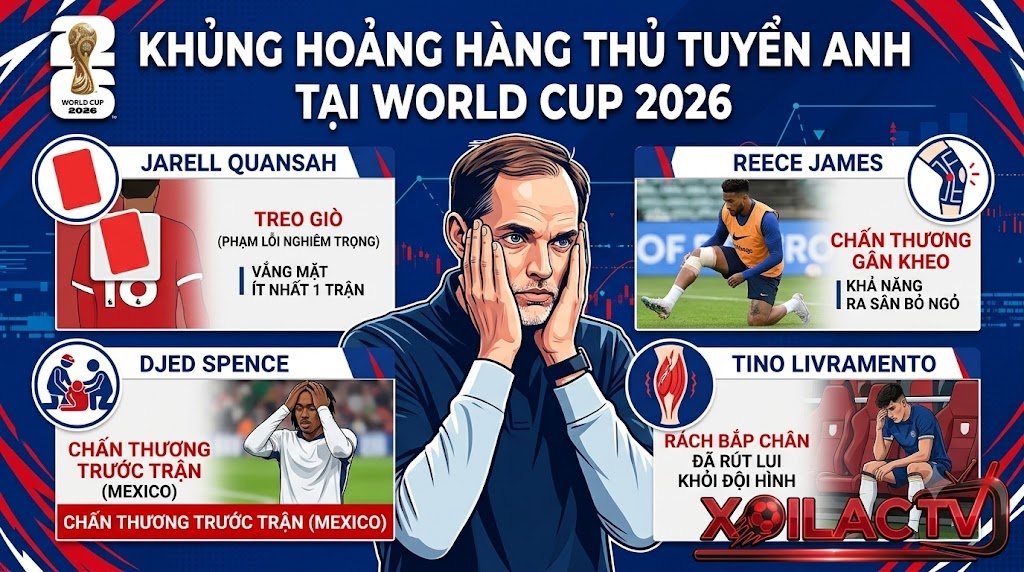 Biểu đồ thông tin chi tiết về tình hình khủng hoảng hàng thủ đội tuyển Anh tại World Cup 2026, hiển thị tình trạng chấn thương và treo giò của Jarell Quansah, Reece James, Djed Spence và Tino Livramento dưới sự dẫn dắt của Thomas Tuchel.