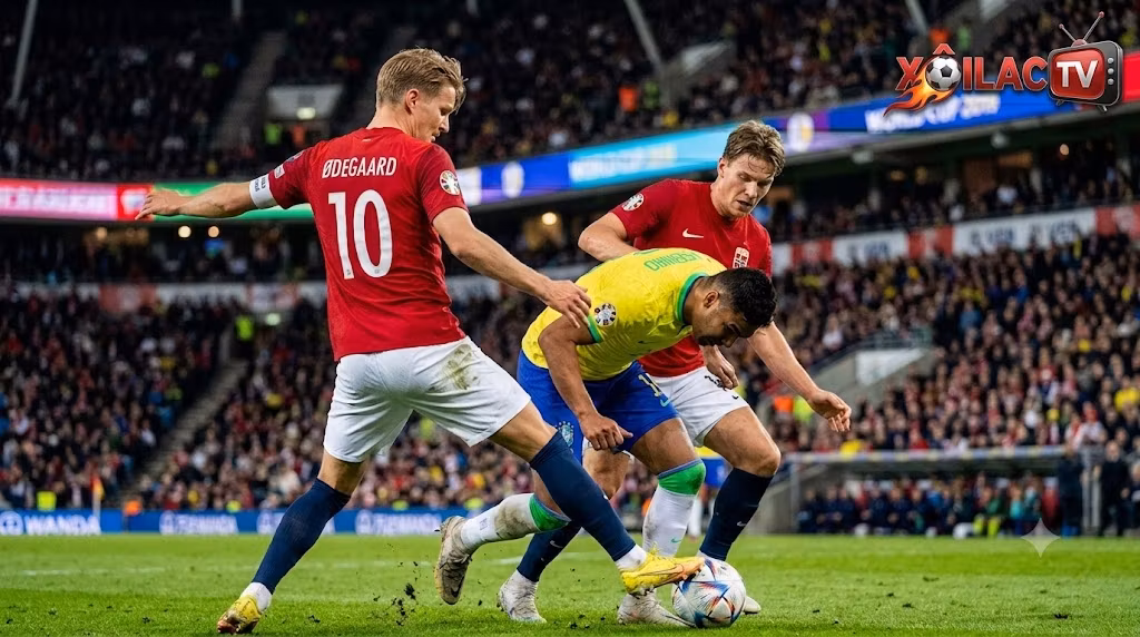 Martin Ødegaard và các cầu thủ Na Uy áp dụng chiến thuật Gegenpressing tầm cao, bủa vây và đoạt bóng từ chân tiền vệ Brazil.
