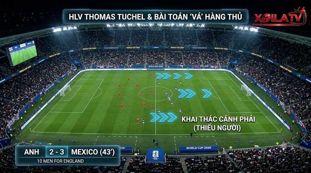 Hình ảnh toàn cảnh chiến thuật từ trên cao của trận đấu Anh vs Mexico tại World Cup 2026, hiển thị đội tuyển Anh phòng ngự với 10 người và các mũi tên AR màu xanh của Mexico tập trung tấn công vào hành lang cánh phải bị bỏ trống sau thẻ đỏ.
