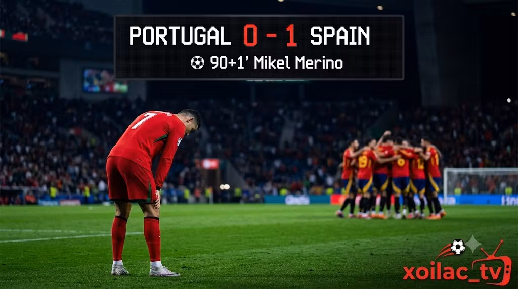 Ronaldo cúi đầu thất vọng gục ngã trước bảng tỷ số trận đấu Bồ Đào Nha 0-1 Tây Ban Nha ở những phút bù giờ cuối cùng.