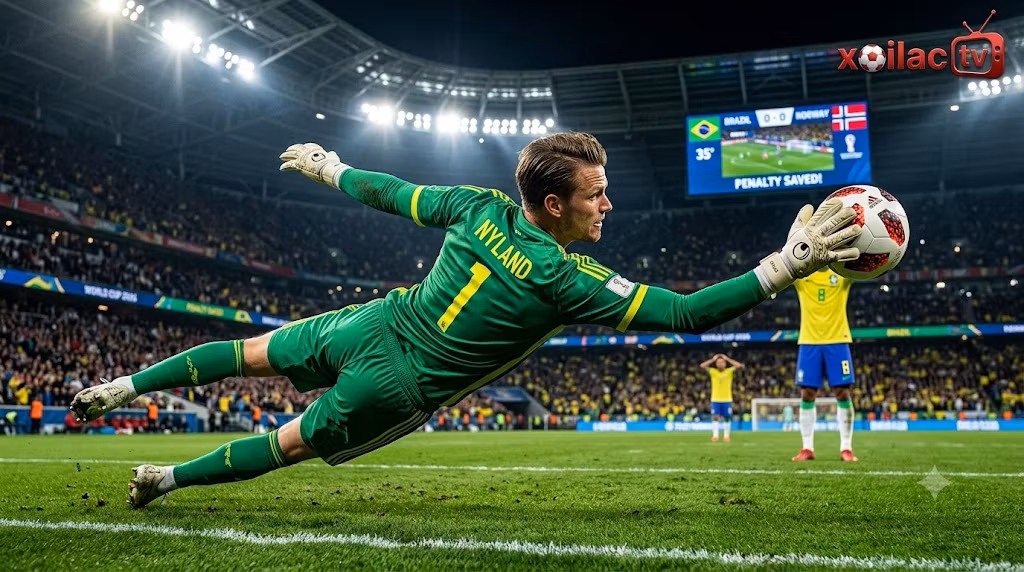 Thủ môn Ørjan Nyland bay người xuất thần cản phá thành công quả phạt đền của Bruno Guimarães cứu thua cho Na Uy.