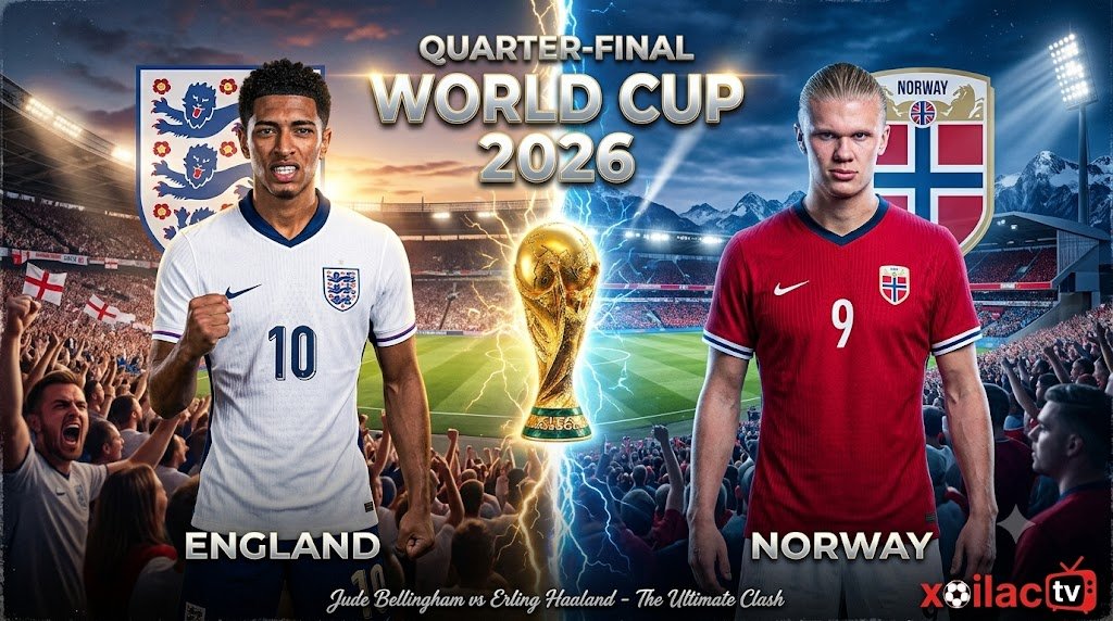 Poster đại chiến vòng Tứ kết World Cup 2026 giữa đội tuyển Anh và Na Uy, tâm điểm cuộc đối đầu giữa Jude Bellingham và Erling Haaland.